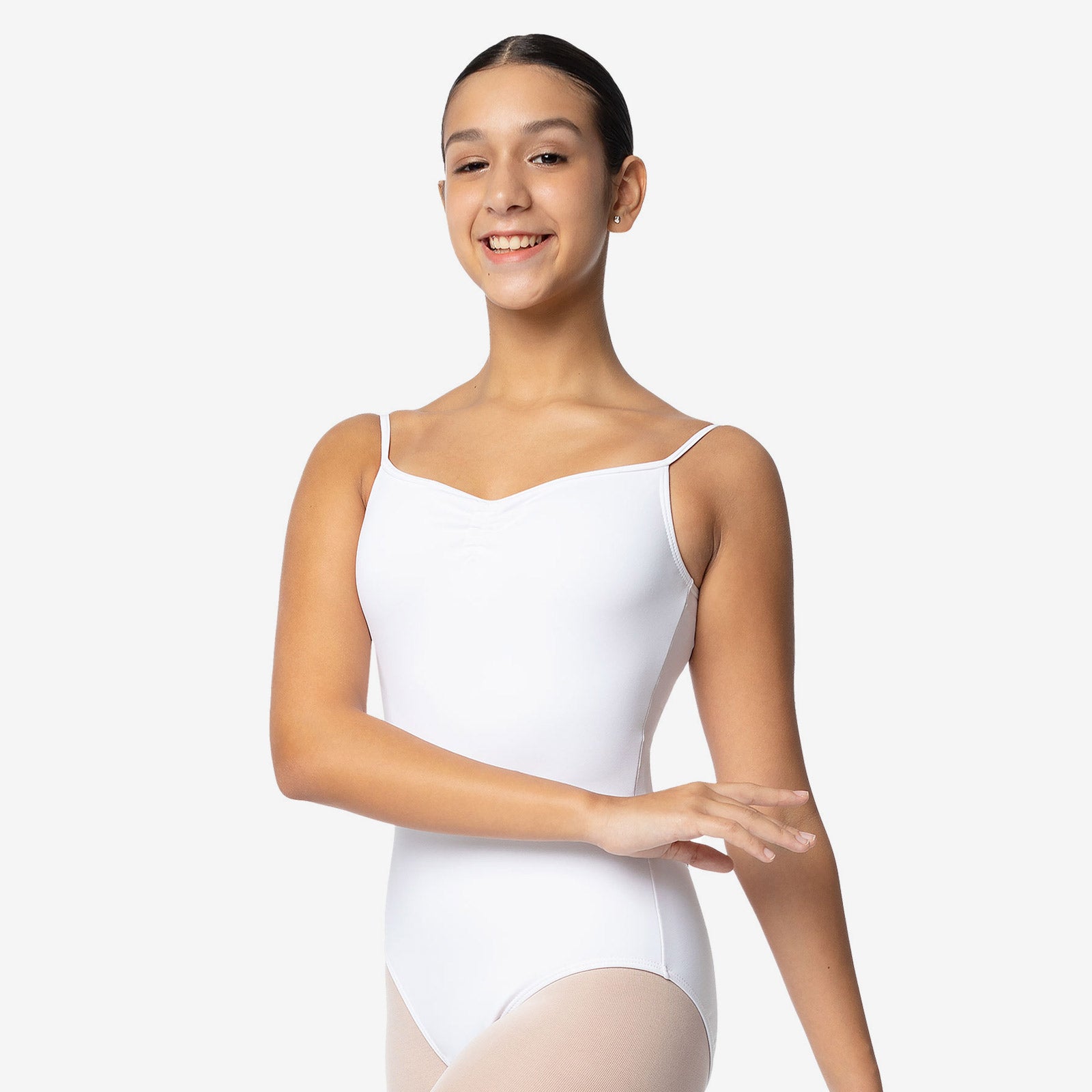 T-front thong leotard for dance/yoga - white - crossed spaghetti